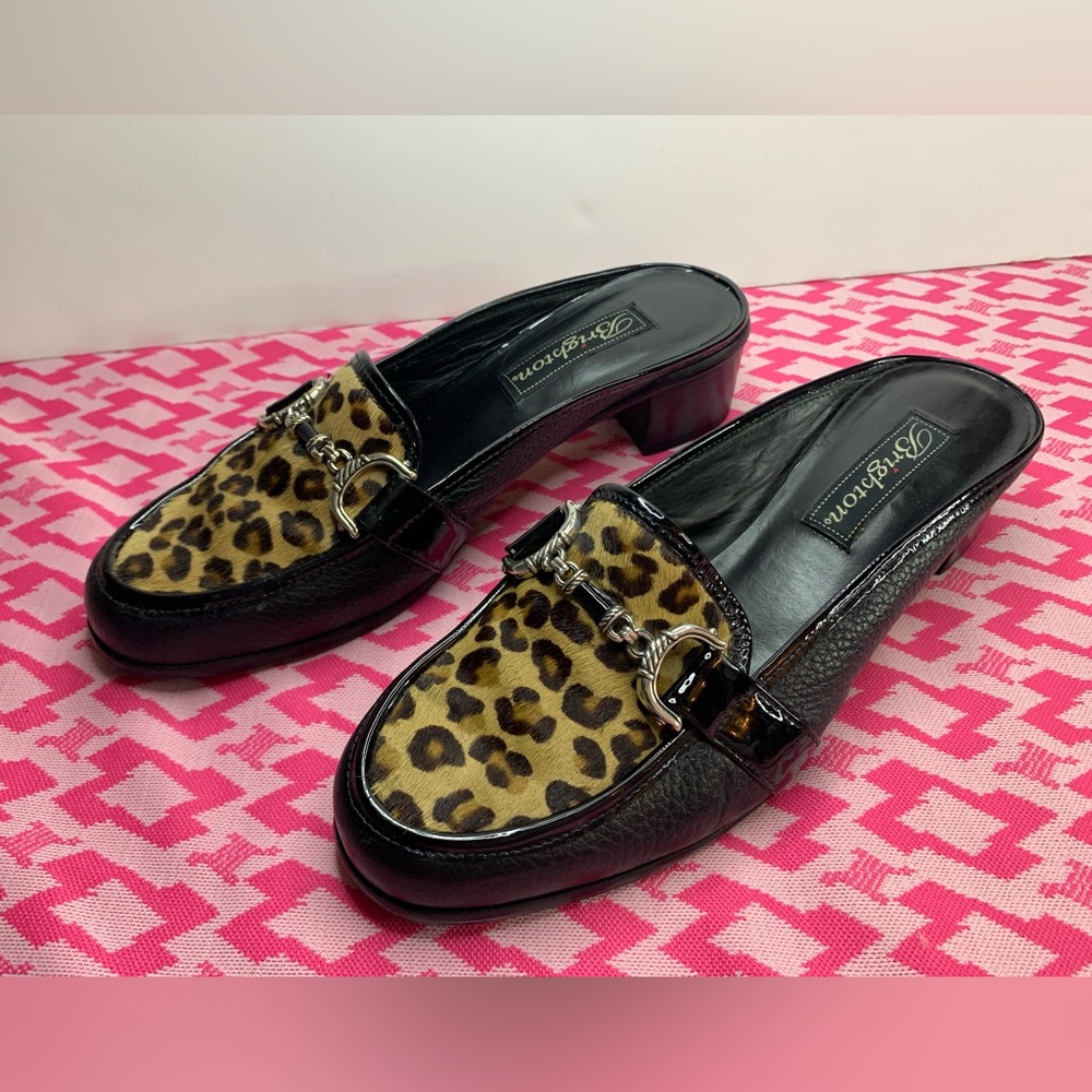 Brighton Leopard Mules Size 7 1/2 Austin Slip On Leather Oxford Black Animal